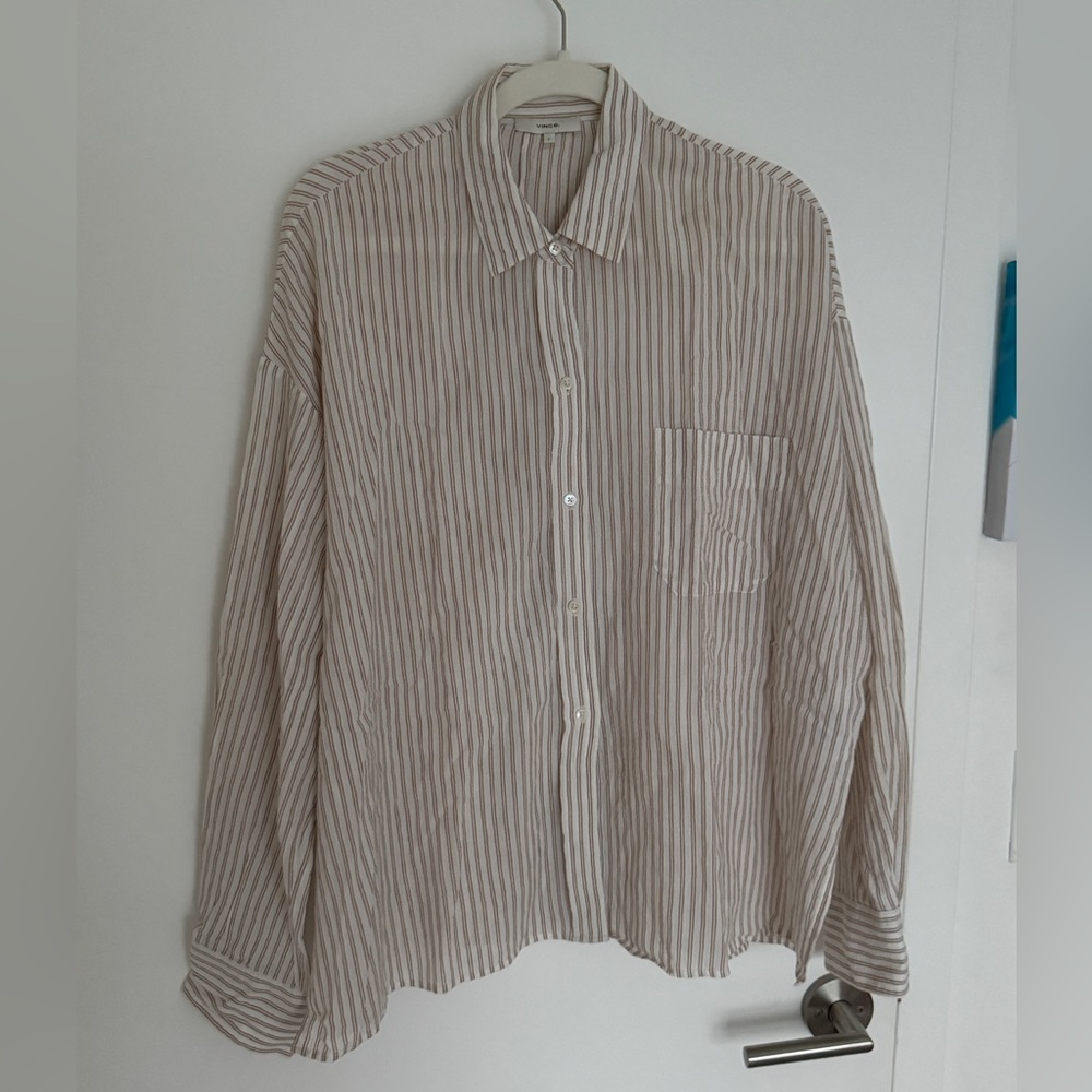 VINCE White Brown Crinkled Gauzy Cotton Boxy Oversized Button Shirt LG